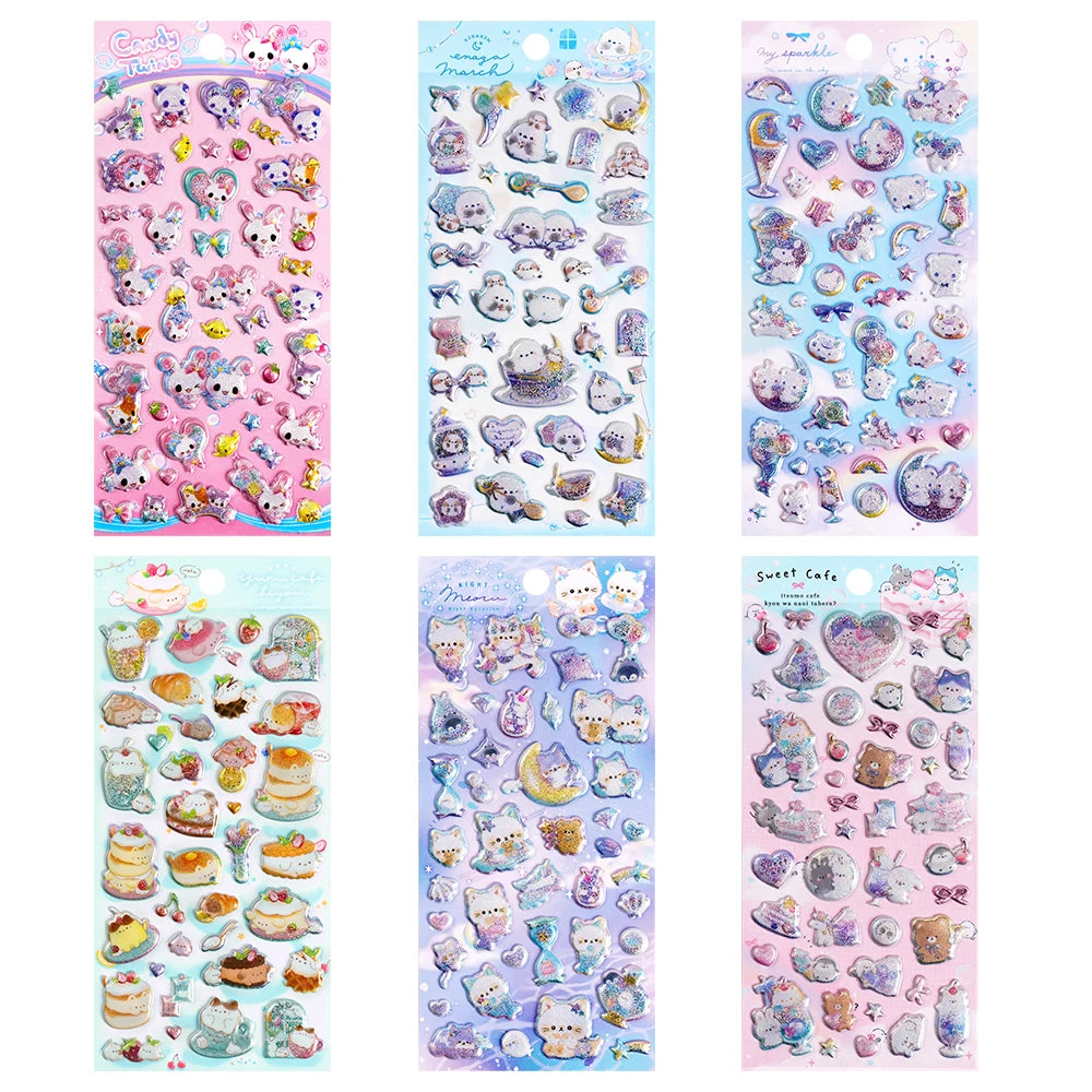 3 pcs/6 pcs Sweet Candy Pets Cat Coffee Cakes Flash Puffy 3D Stickers