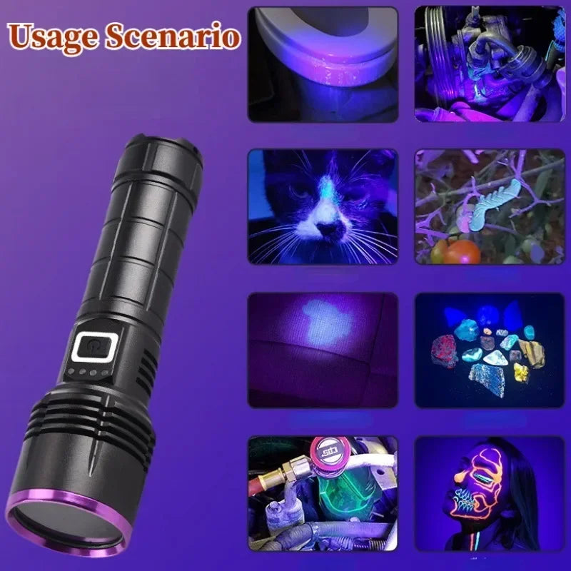 Powerful 365NM UV Flashlight USB Rechargeable Waterproof Purple Light