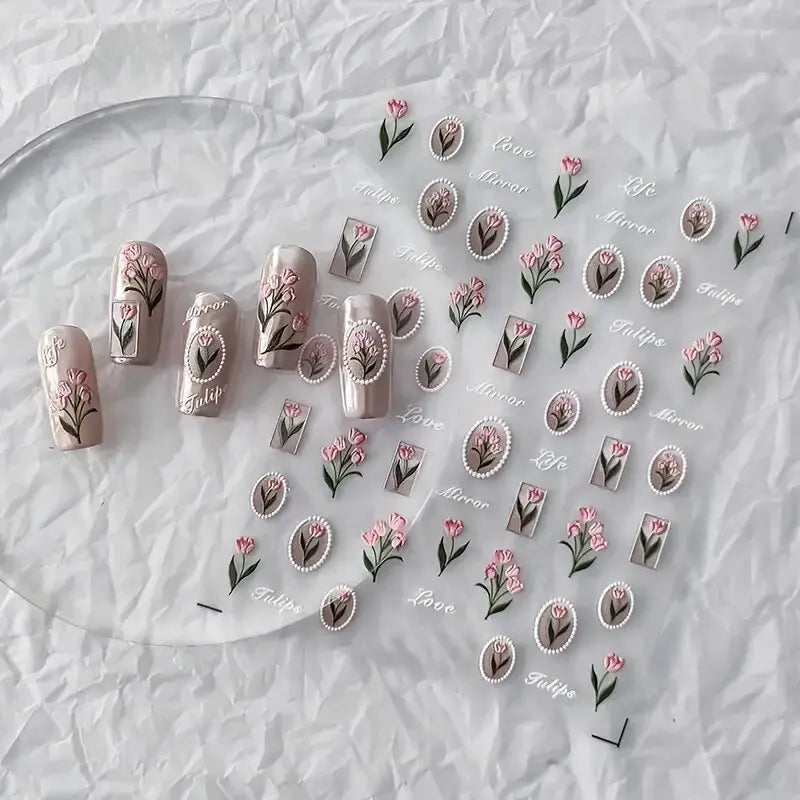 1piece 5Dcute tulip flower nail stickers high quality self-adhesive