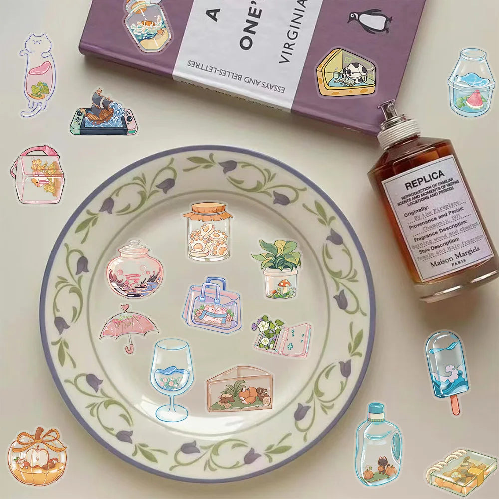 50pcs Cartoon Transparent Item Stickers Cute Transparent Water Cup