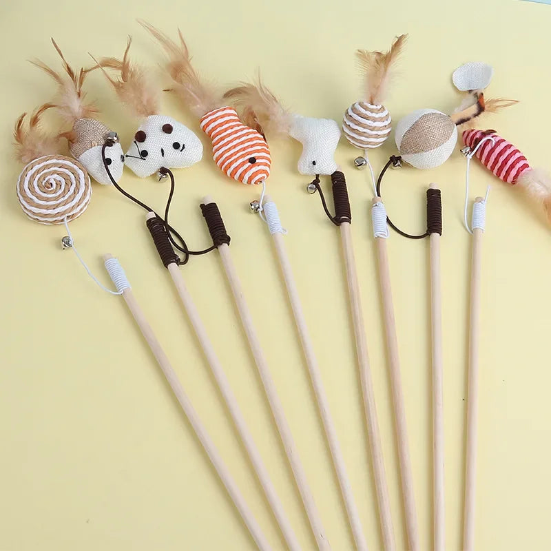 New Mouse Wooden Teasing Cat Rod Cat Toy Pet Supplies Feather Bell