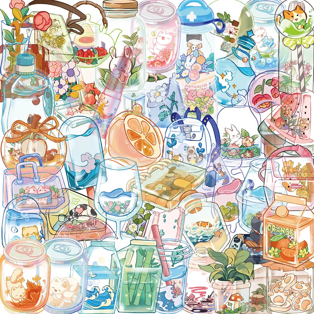50pcs Cartoon Transparent Item Stickers Cute Transparent Water Cup