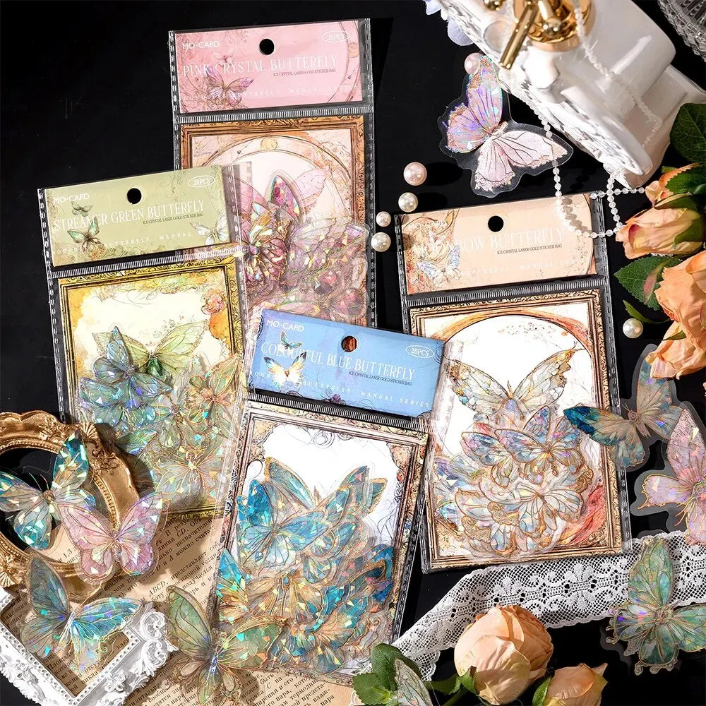 5Style 20pcs/pack INS Butterfly PET Sticker Pack Ice Crystal Laser