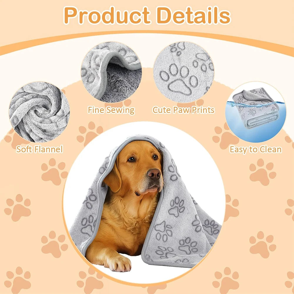 Cozy Plush Dog Paw Print Blanket - Soft Flannel Pet Bed Mat for Cats &