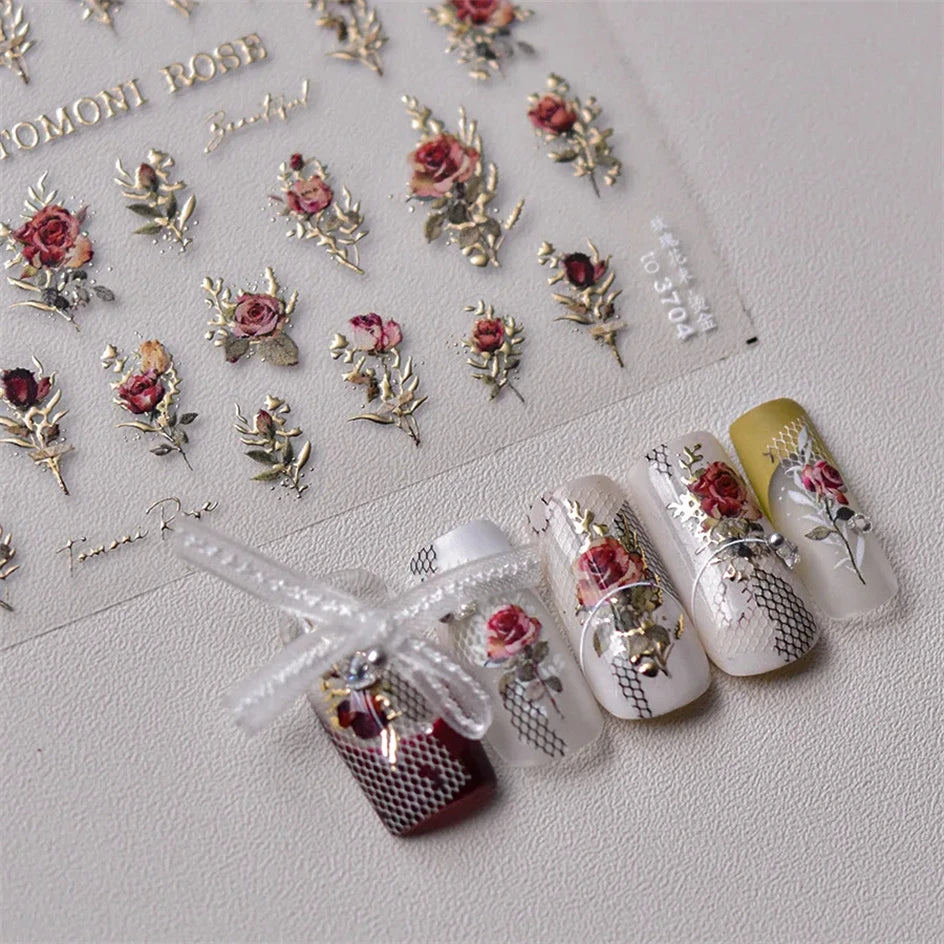 Japanese Vintage Red & Blue Rose Flower Laser Gold Silver Nail