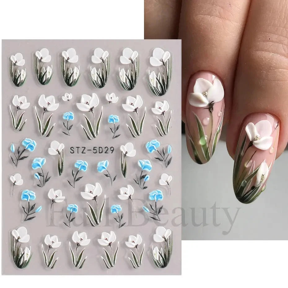 5D Simple Flowers Nail Embossed Stickers Elegant Wedding Design