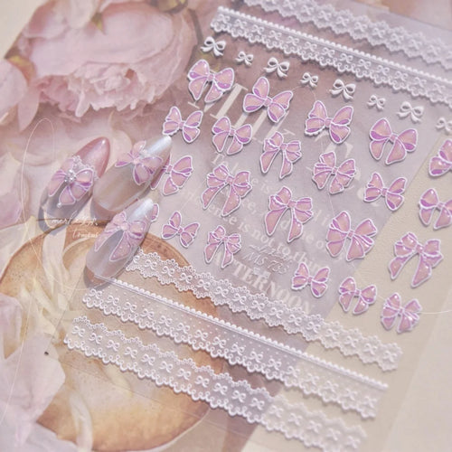 1pcs Sweet Pearl Lace Bow Nail Stickers Love Heart Pink White Black