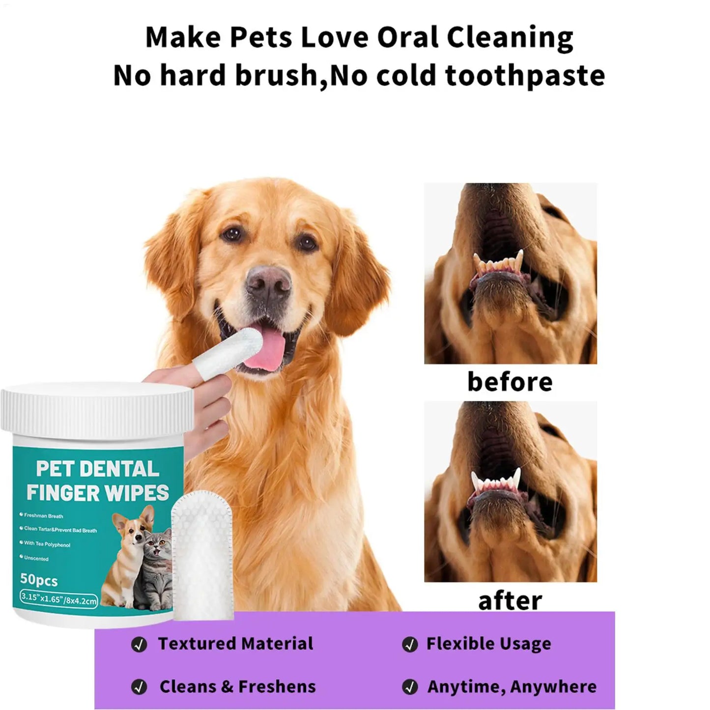 50pcs Pet Teeth Cleaning Wipes Dental Finger Wipes Disposable Gentle