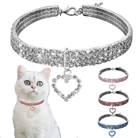 New Cat Dog Collar Three Row Elastic Rhinestone Pet Collars Love
