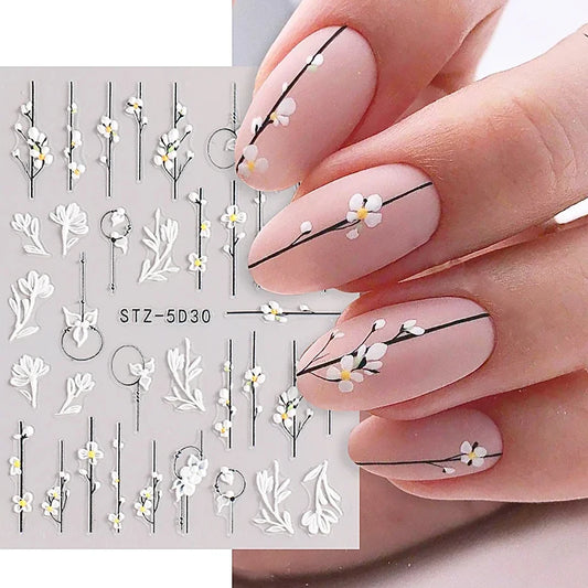 5D Simple Flowers Nail Embossed Stickers Elegant Wedding Design