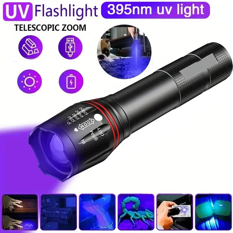 395nm LED UV Flashlight Rechargeable Zoomable Torch Light for Pet