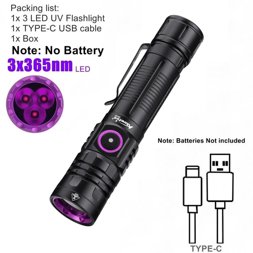 3x365nm/395nm UV LED Flashlight High power Blacklight USB Rechargeable