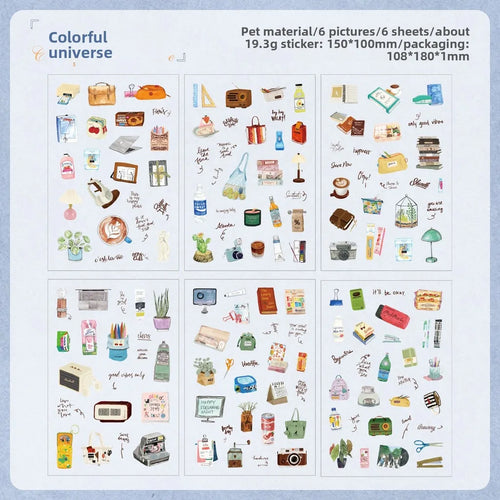 Journamm 6sheets Vintage Scrapbook Stickers PET Diary Sticker Pack for
