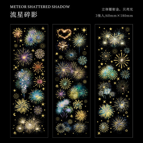 3 Sheets Long fireworks flat PET Stickers Adhesive Diy Stick Labels