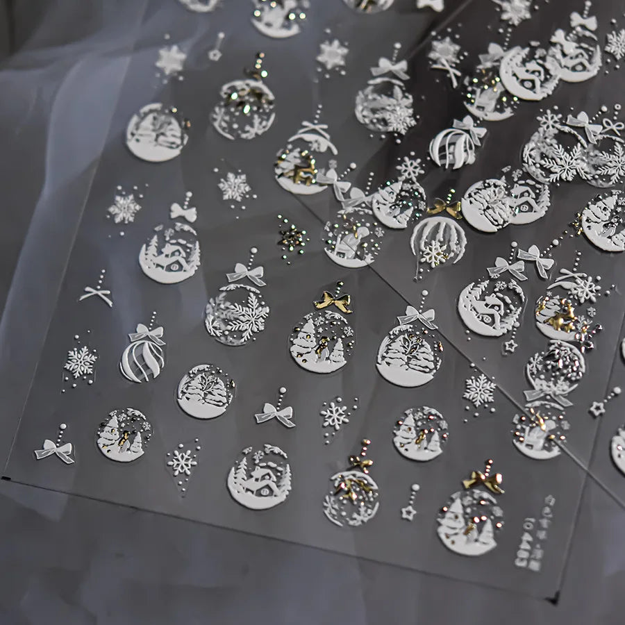 1pcs Bronzing Christmas Nail Stickers Cute Gold White Snowball