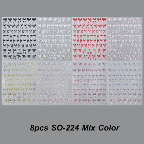 8pcs Mixed Color Bow Nail Art Stickers 3D Cute Red Black Pink bowknot
