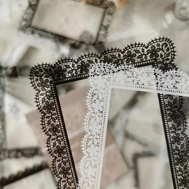 30pcs, Vintage Style Black And White Lace Stickers Book DIY Diary Junk