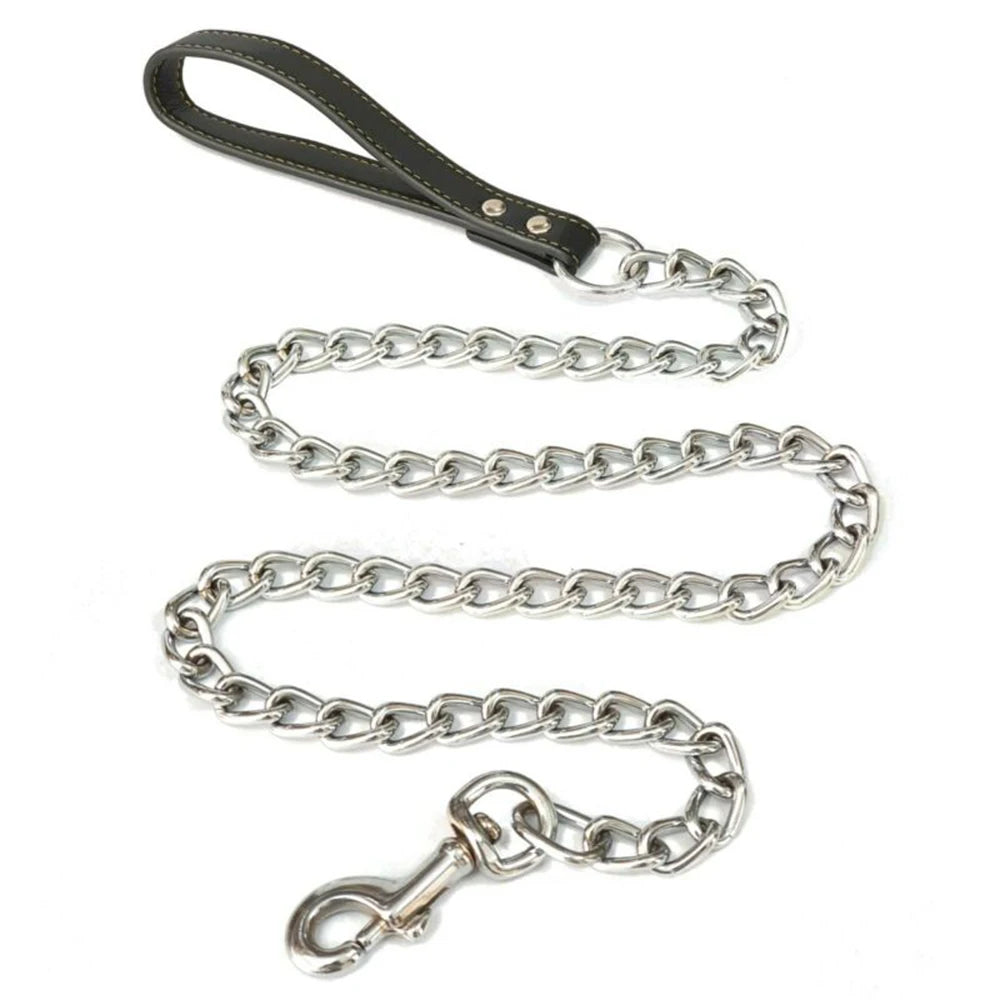 Metal Chain Dog Lead With Leather Style Handle Strong Control Leash