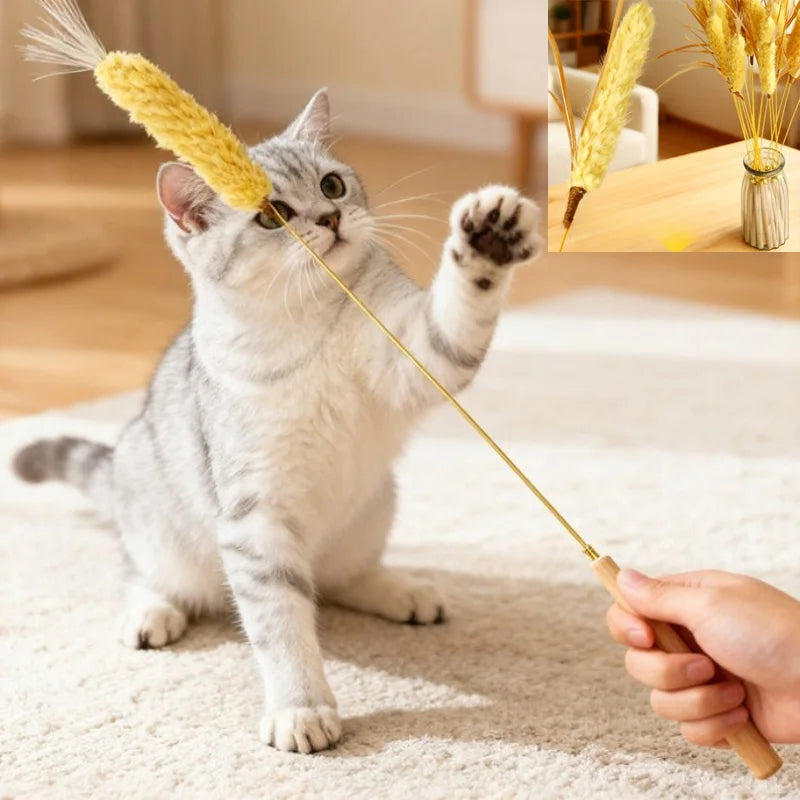 Cat Teaser Stick Toy Natural Bite Resistant Straw Bell Kitten Toy Pet