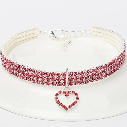 New Cat Dog Collar Three Row Elastic Rhinestone Pet Collars Love