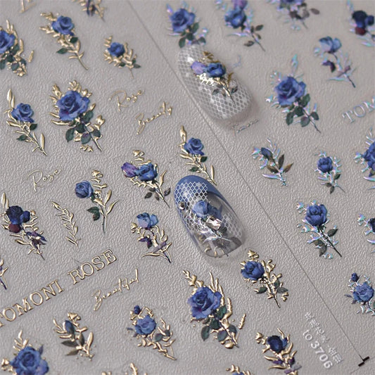Japanese Vintage Red & Blue Rose Flower Laser Gold Silver Nail