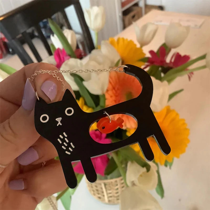 Cute Acrylic Black Cat And Fish Pendant Necklace Kawaii Pet Dog