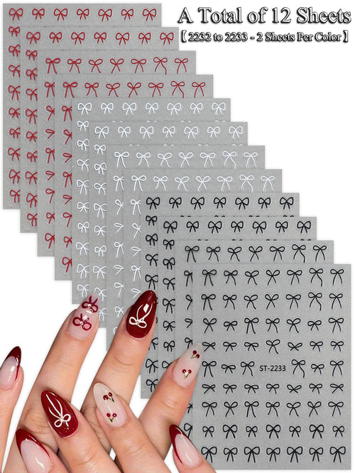 6/12/18/24/30 Sheets Bowknot Nail Stickers Cute Ribbon Design Self