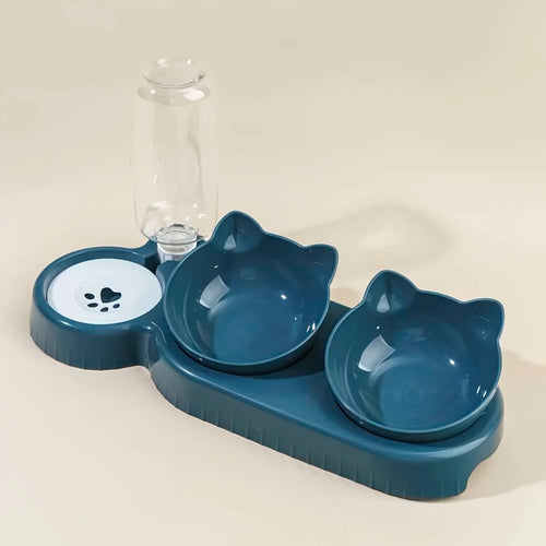 Pet Bowls With Water Feeder, 3 In 1 Ear Design Tilted Cat Water And