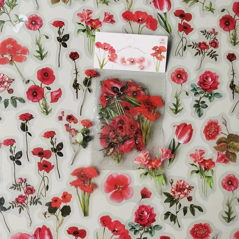 JIANQI 40Pcs Natural plants Flower Stickers DIY scrapbook PET Material