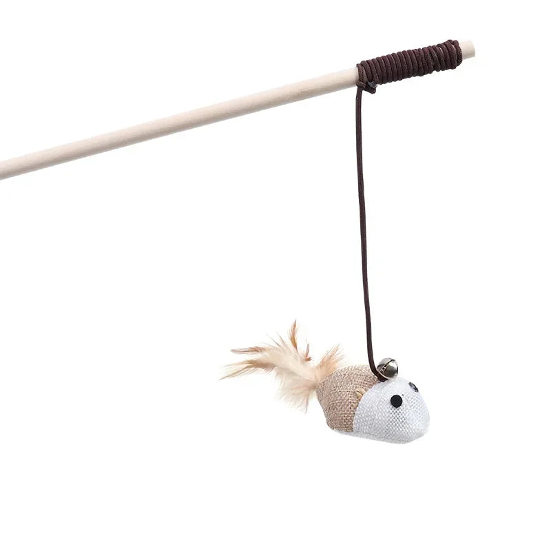 New Mouse Wooden Teasing Cat Rod Cat Toy Pet Supplies Feather Bell