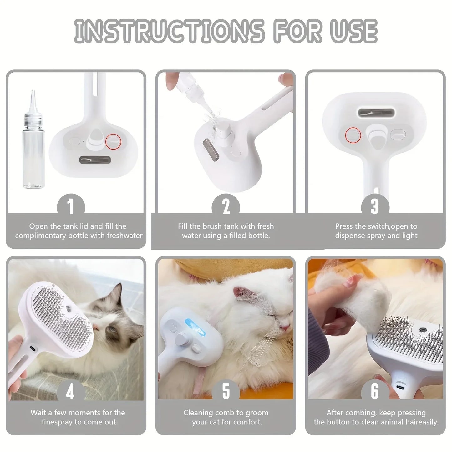 Upgraded Pet Spray Grooming Comb Steamy Floating Hair Removal Cleaning