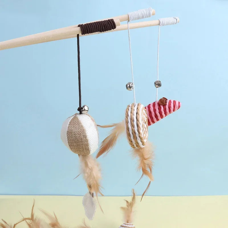 New Mouse Wooden Teasing Cat Rod Cat Toy Pet Supplies Feather Bell