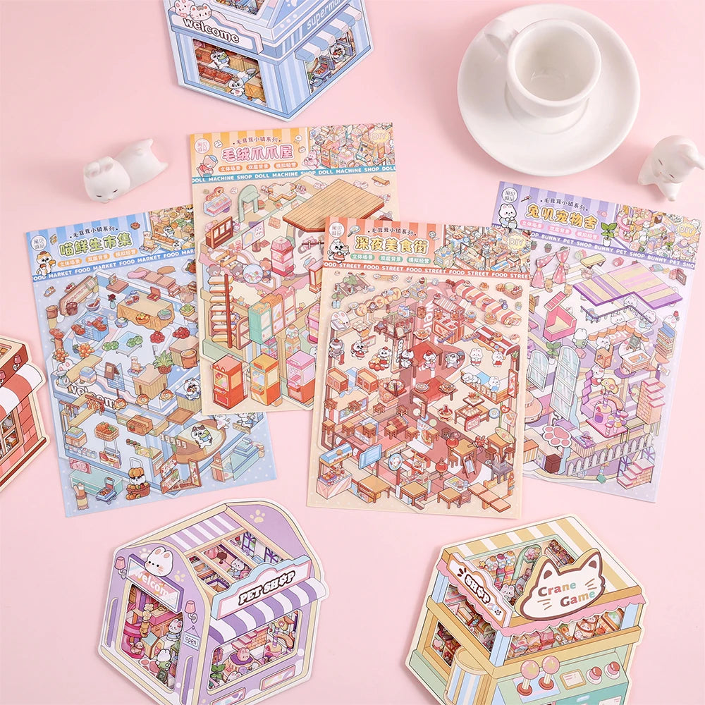 4 Pack/Set Microscopic 3D House Stickers Collection Waterproof PET
