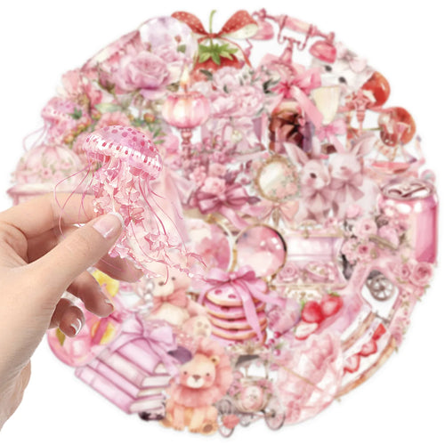 50Pcs Pink Fairy Tale Sticker Pack Transparent PET Phone Case Back