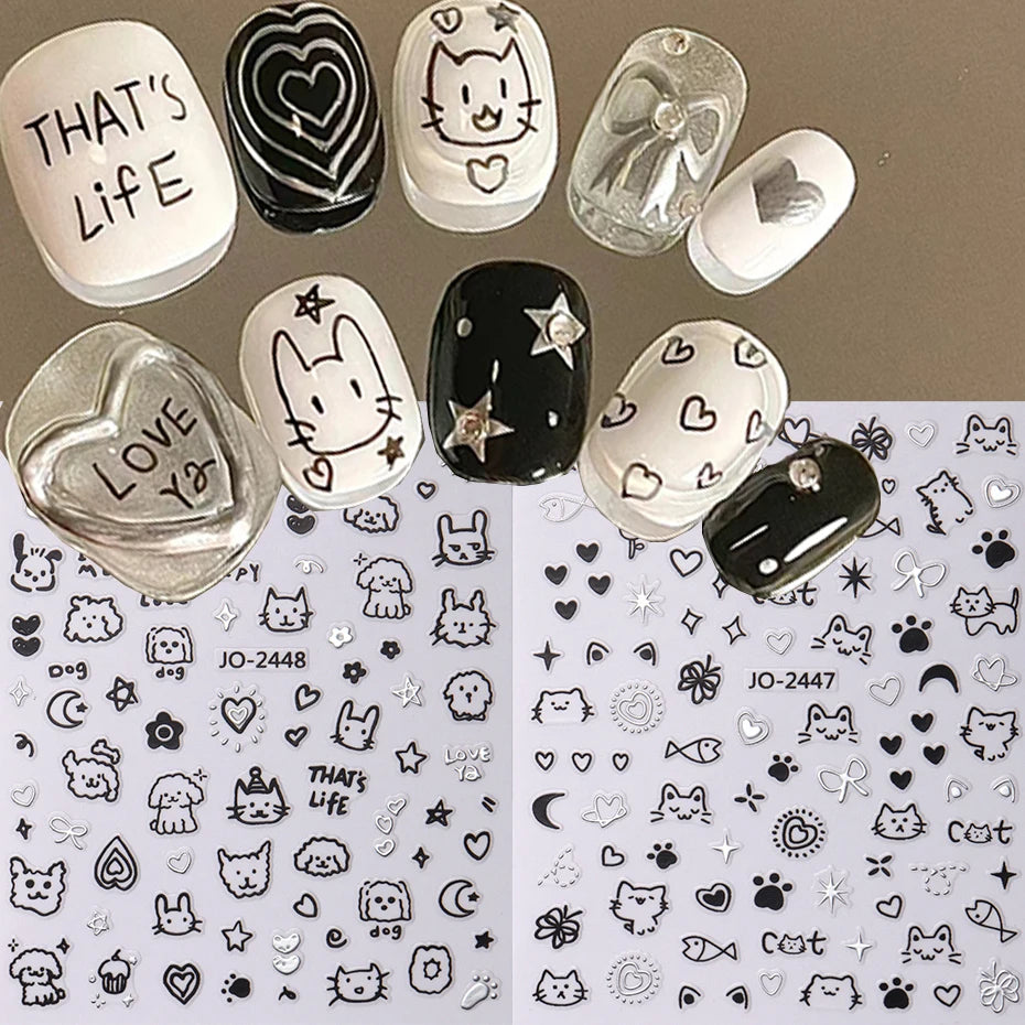 2Pcs Cartoon Cute Cat Nail Childlike Stickers Holographic Love Heart