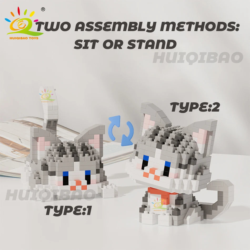 HUIQIBAO Cute Cat Micro Model Building Block Kids Mini Pets City