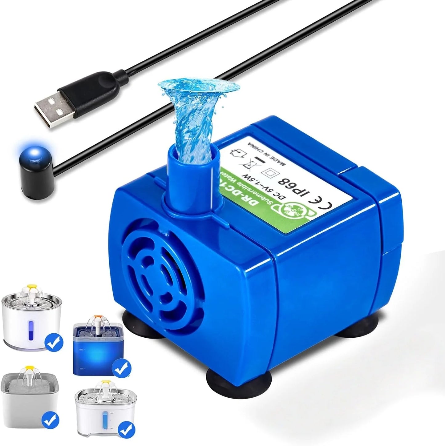 Water Pump for Cat Water Fountain Replacement Motor with LED Blue