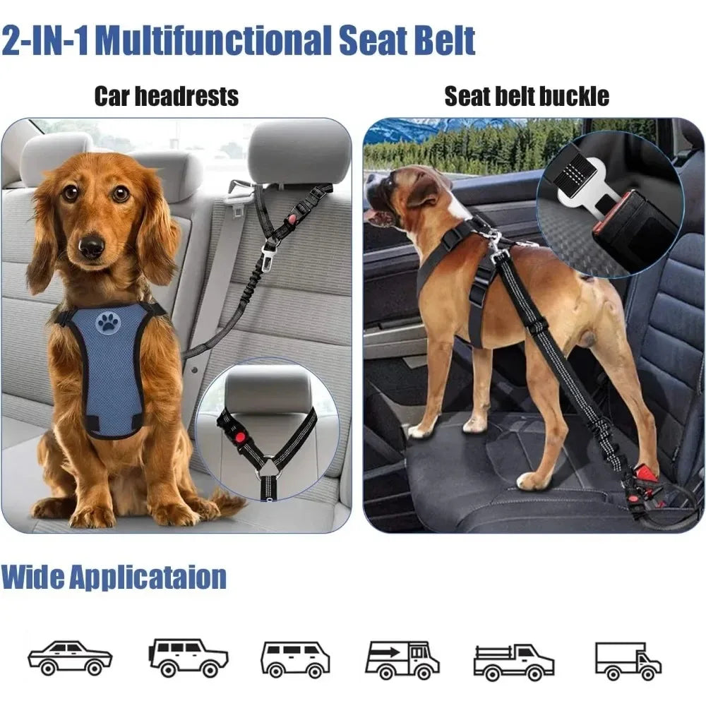 2-in-1 Dog Car Seatbelt Headrest Restraint Adjustable Reflective Pet