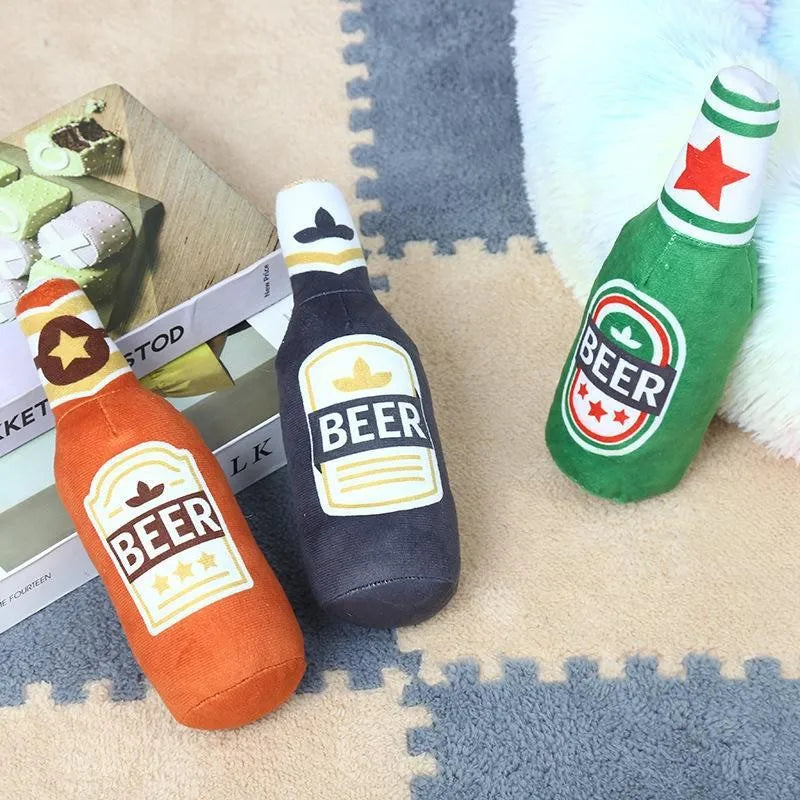 Plush Dog Toys Beer Bottle Shaped for Small & Large Dogs Bite