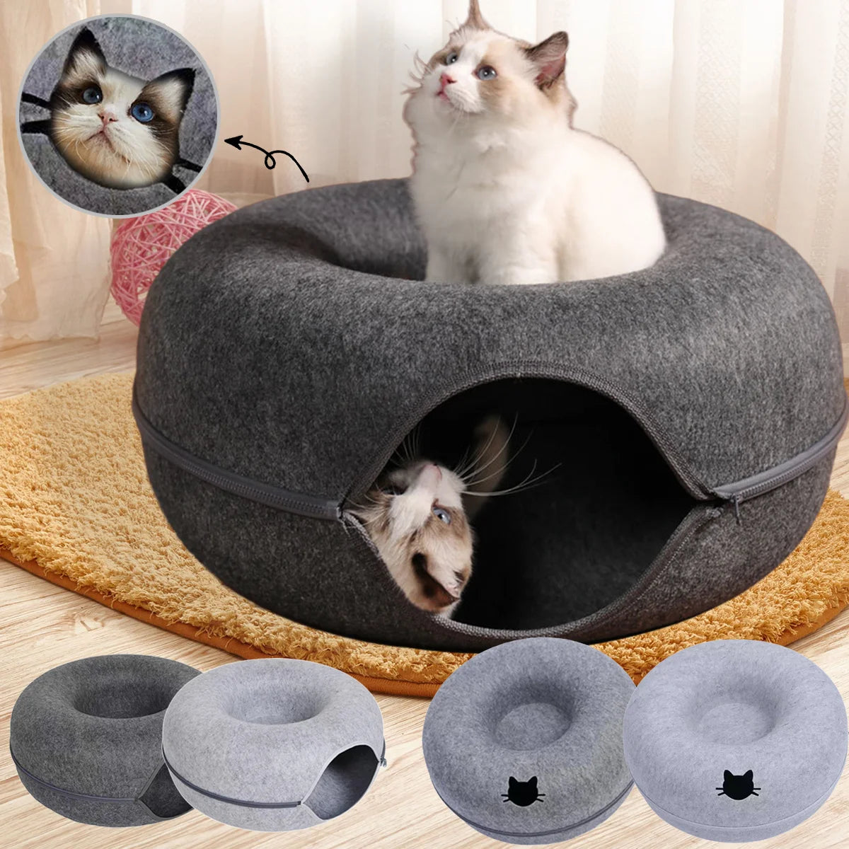 Felt Donut Bed for Cats House With Breather Hole Dog Bed Interactive