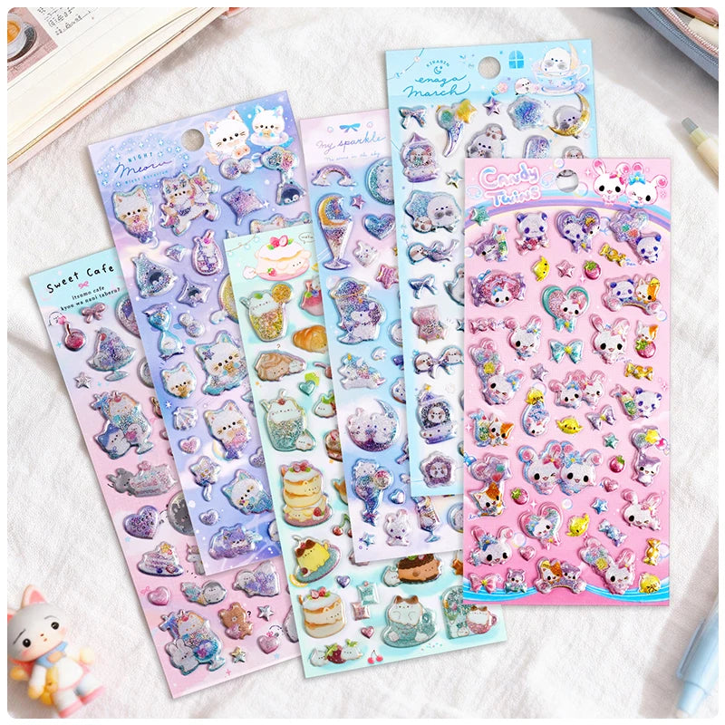 3 pcs/6 pcs Sweet Candy Pets Cat Coffee Cakes Flash Puffy 3D Stickers