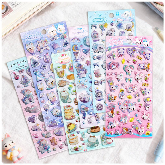 3 pcs/6 pcs Sweet Candy Pets Cat Coffee Cakes Flash Puffy 3D Stickers