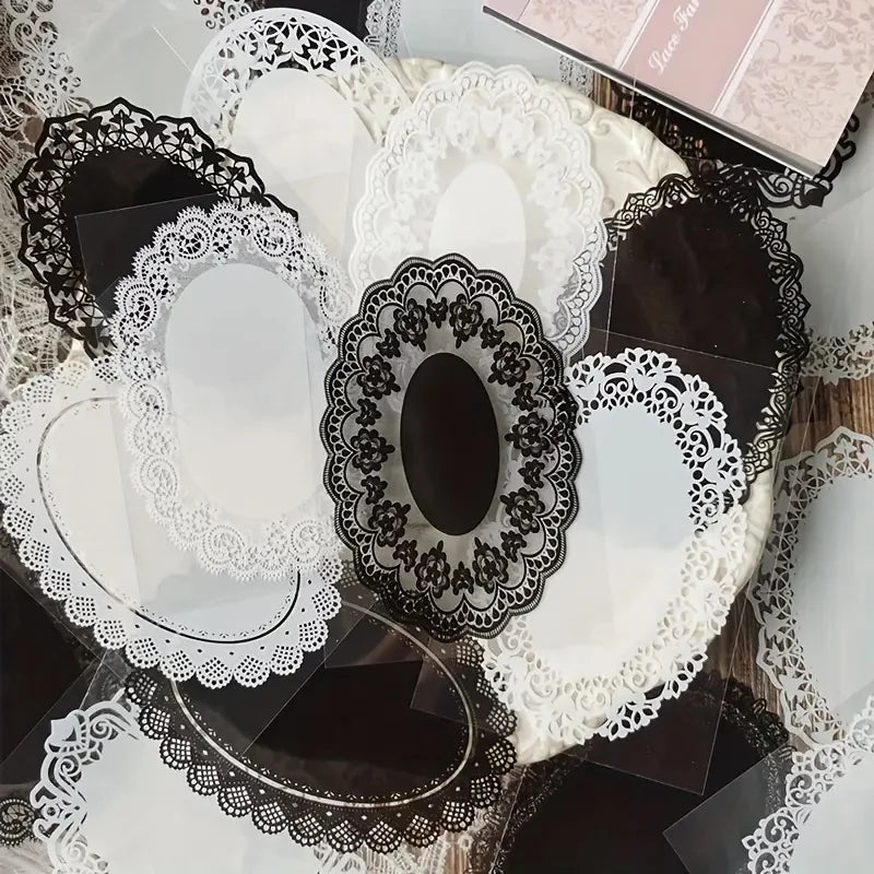 30pcs, Vintage Style Black And White Lace Stickers Book DIY Diary Junk