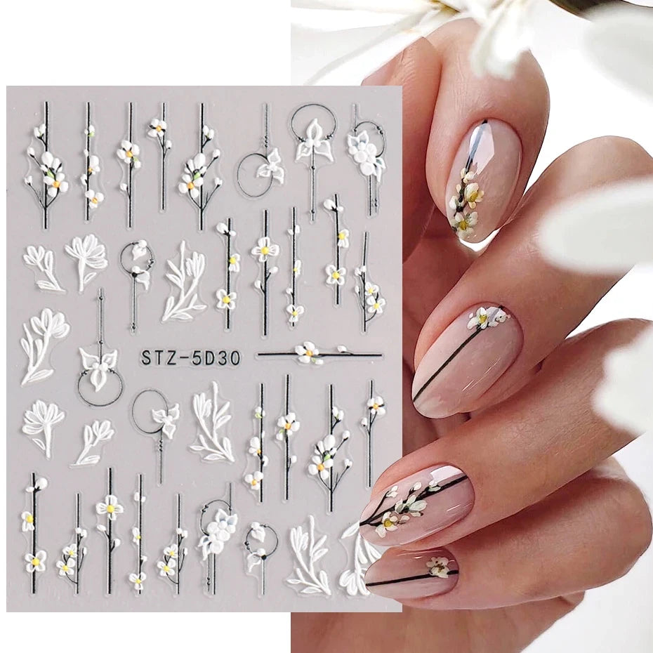 5D Simple Flowers Nail Embossed Stickers Elegant Wedding Design