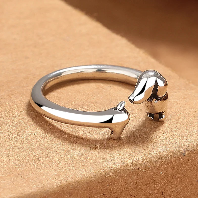 Cute Dachshund Dog Thai Silver Adjustable Rings Original Open Sausage