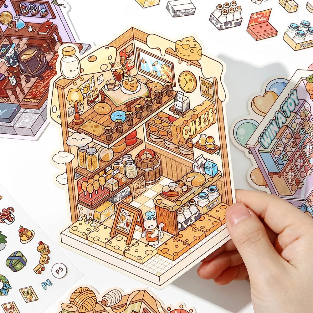 13 Pcs in 1 Book Cartoon 2.8D Landscape Sticker DIY Pocket Cabin Scene