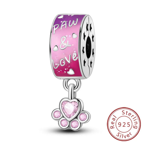 Charms 925 Sterling Silver Dog Cat Paw Print Love Pets Charms Beads