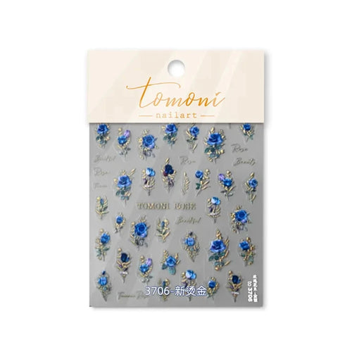 Japanese Vintage Red & Blue Rose Flower Laser Gold Silver Nail