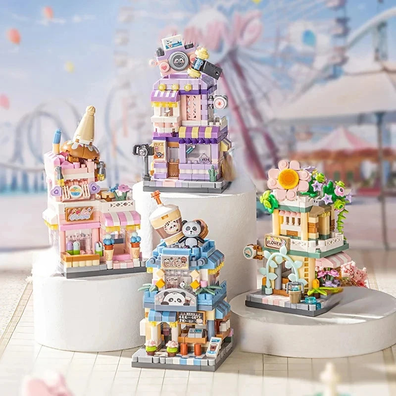 City Street View Building Block Set DIY Ice Cream Coffee Flower Shop