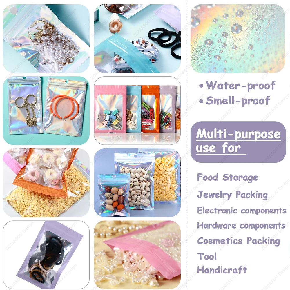 200-1PCS Laser Sealing Bags Color Plastic Holographic Candy Food Pouch